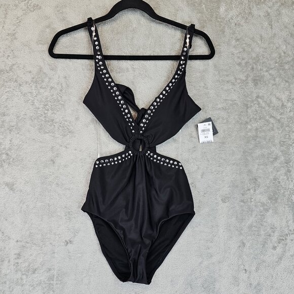 Bar III Tell Me About It Stud One-Piece Swimsuit Womens Size XS Black Push Up - Picture 4 of 7